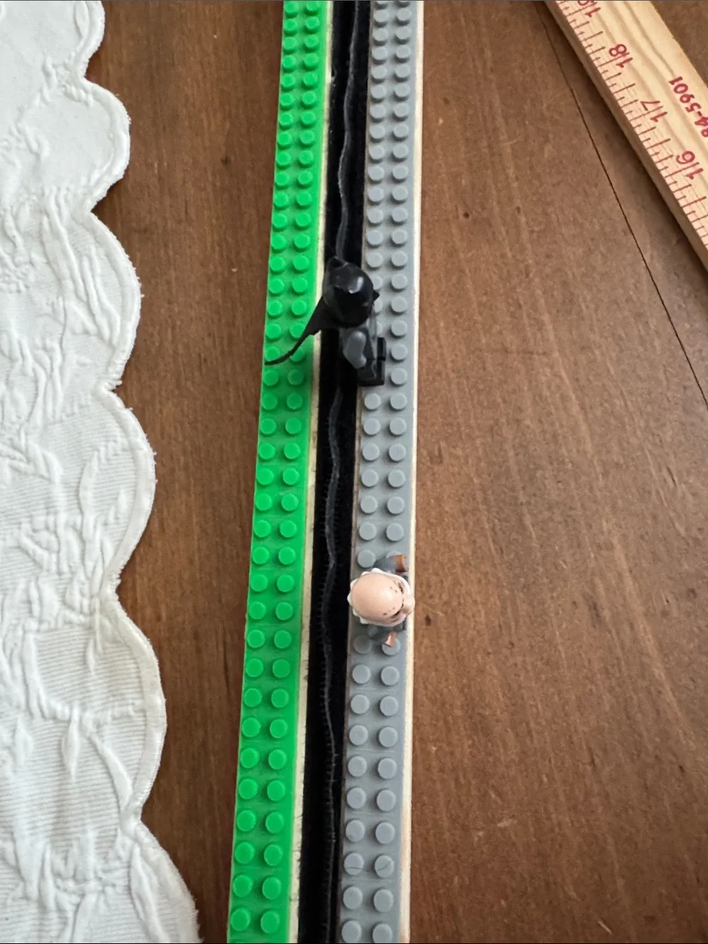 LEGO-Compatible Green and Gray Building Plate Strips. Characters not included.